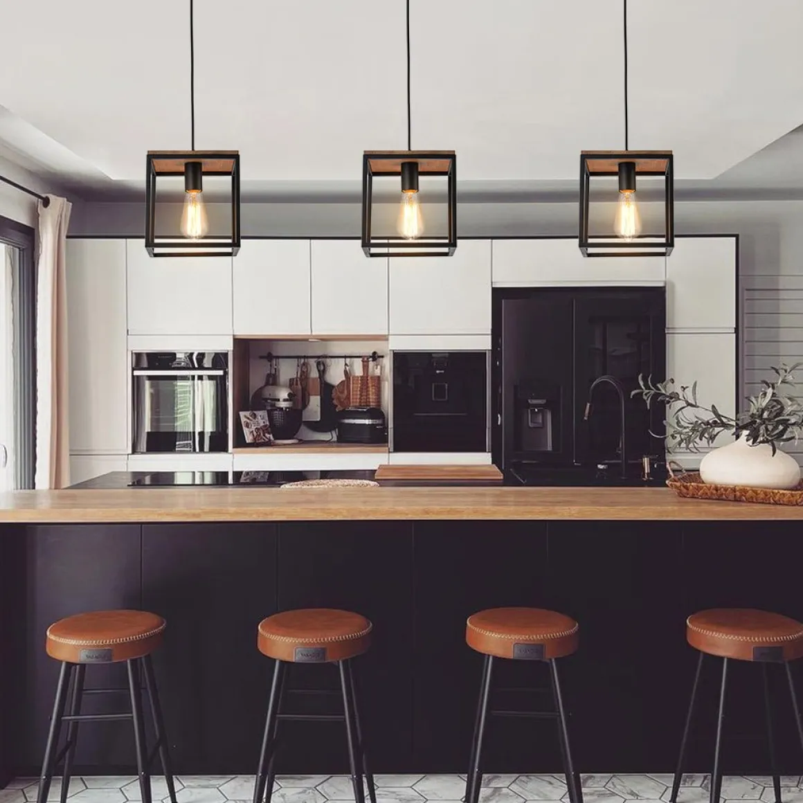 Aged Oak Iron Square Cage Single Kitchen Pendant Light