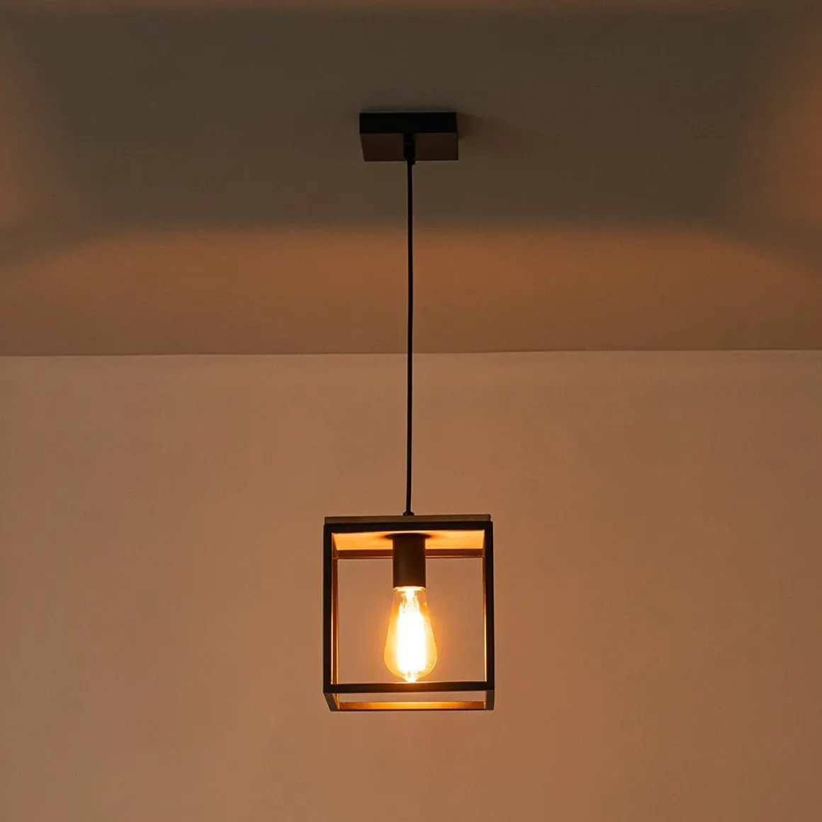 Aged Oak Iron Square Cage Single Kitchen Pendant Light