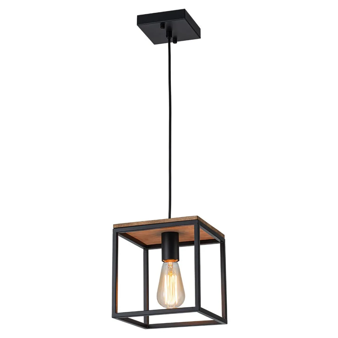 Aged Oak Iron Square Cage Single Kitchen Pendant Light