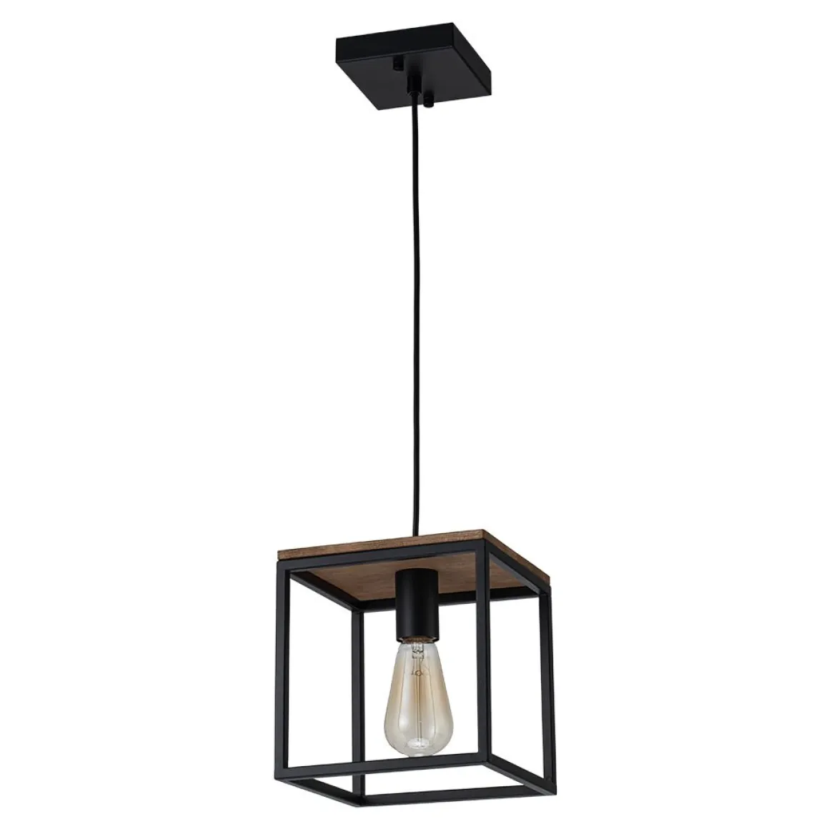 Aged Oak Iron Square Cage Single Kitchen Pendant Light