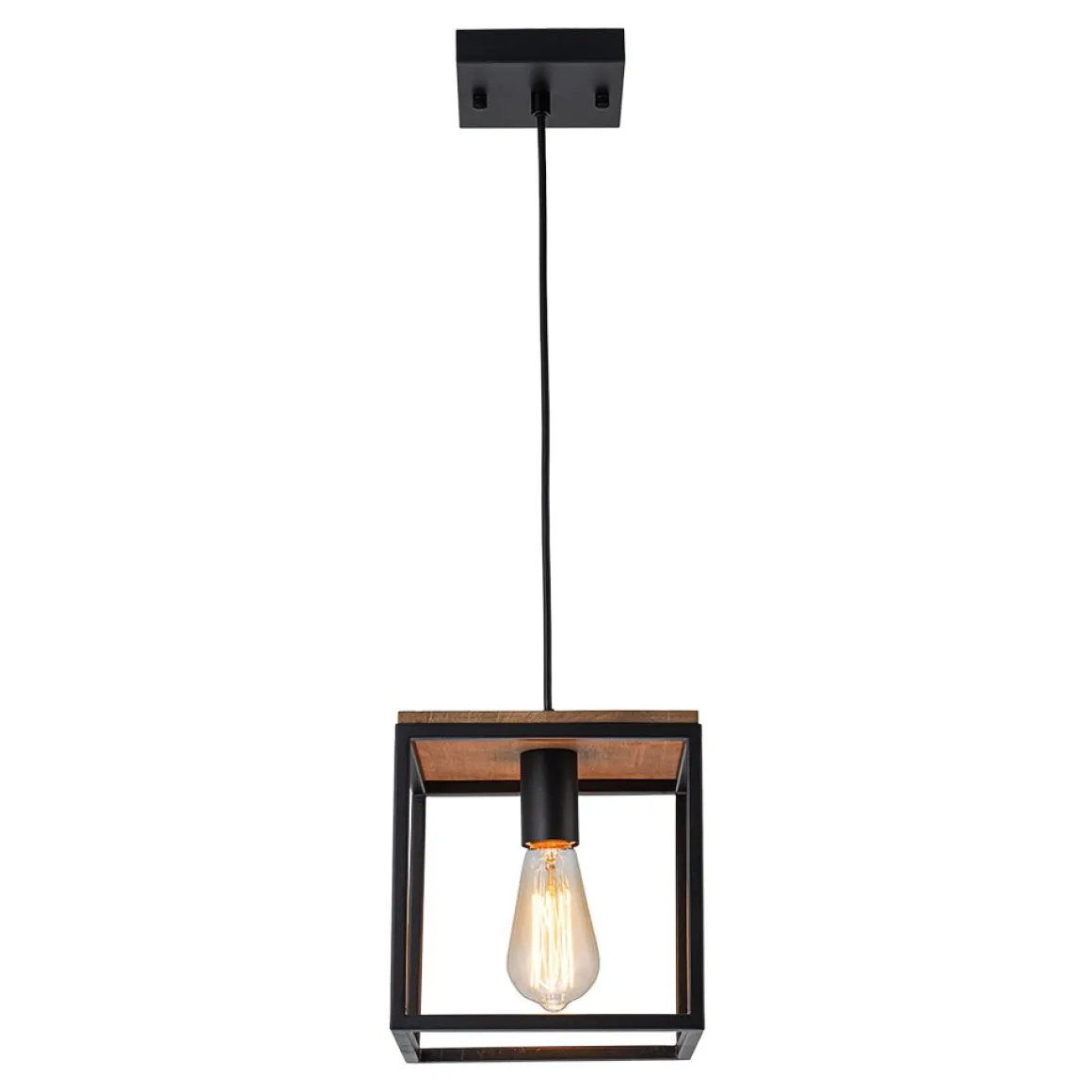 Aged Oak Iron Square Cage Single Kitchen Pendant Light