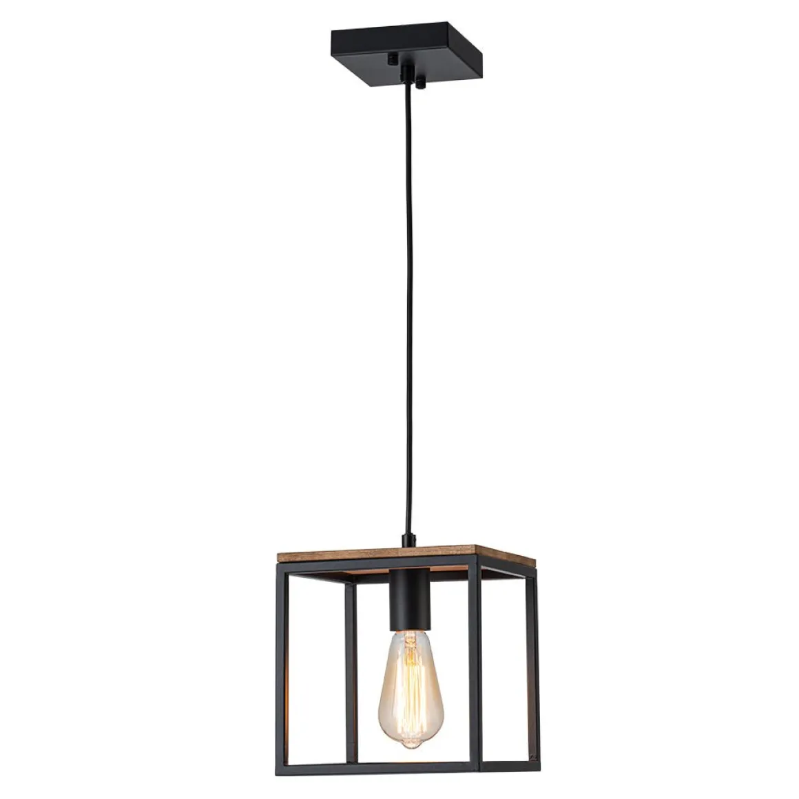 Aged Oak Iron Square Cage Single Kitchen Pendant Light