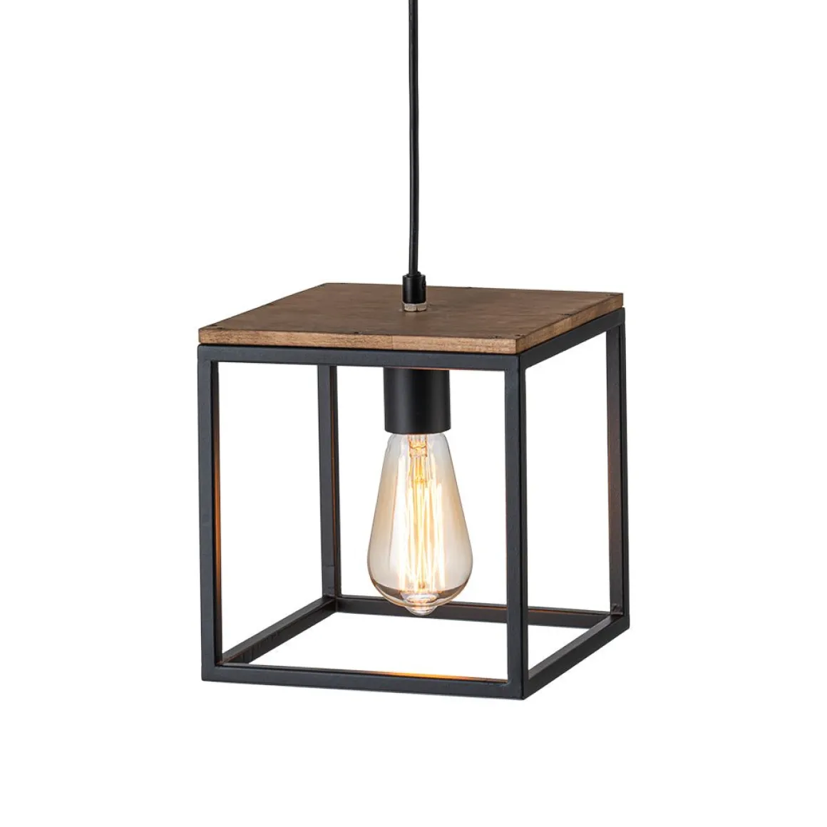 Aged Oak Iron Square Cage Single Kitchen Pendant Light