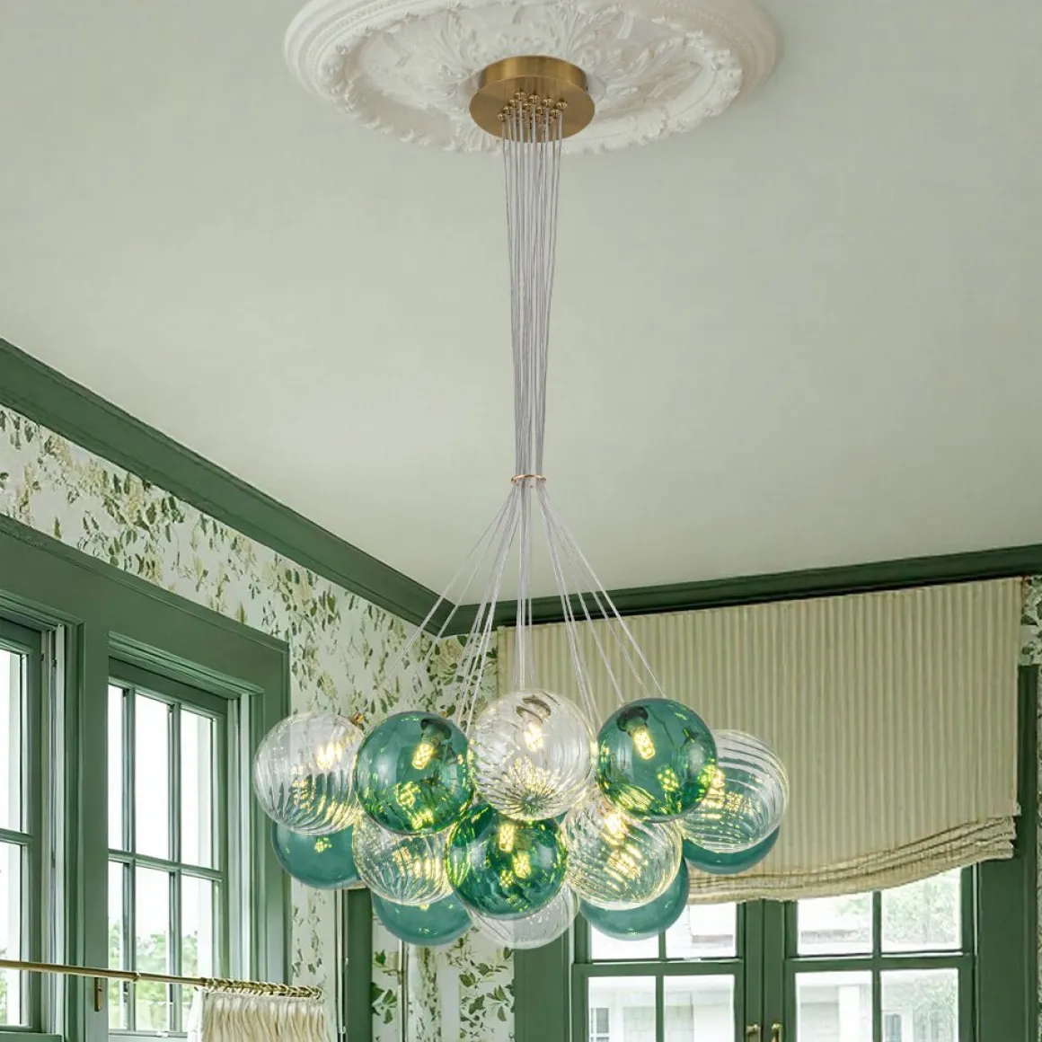 Art Deco Blue Hue Cluster Glass Globe Bubble Chandelier