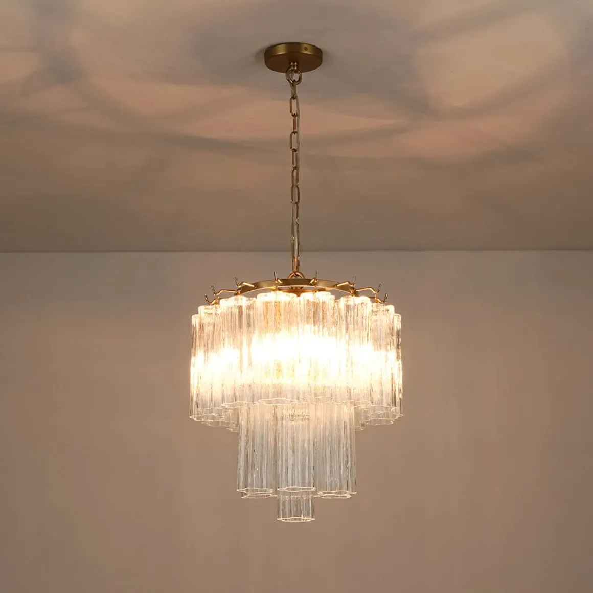 Art Deco Cluster Glass Textured Tube Round Tiered Chandelier