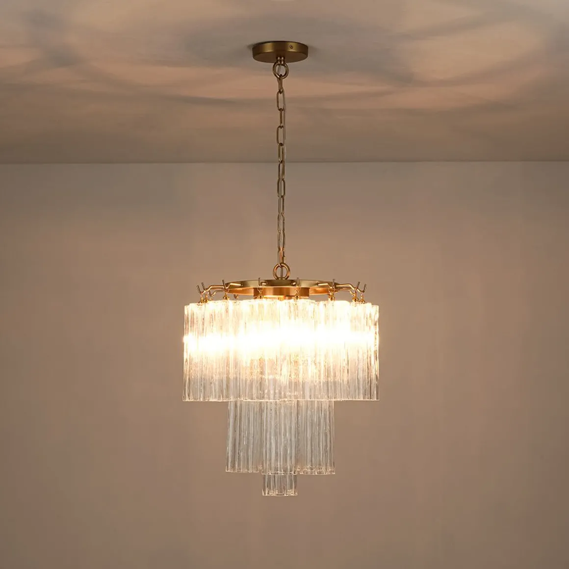 Art Deco Cluster Glass Textured Tube Round Tiered Chandelier