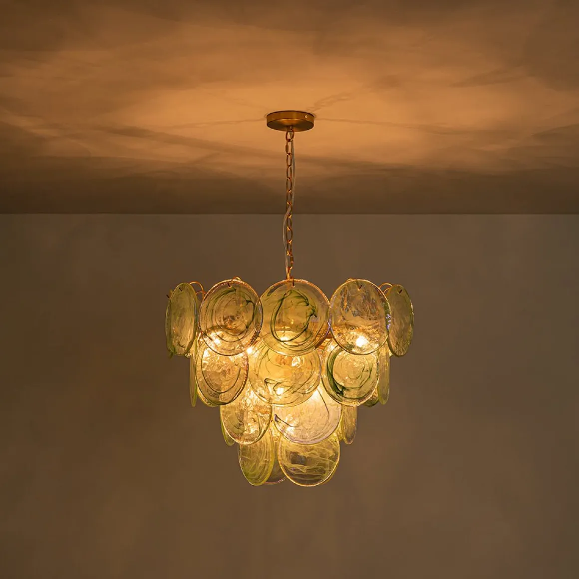 Art Deco Green Iridescent Swirl Glass Tiered Chandelier