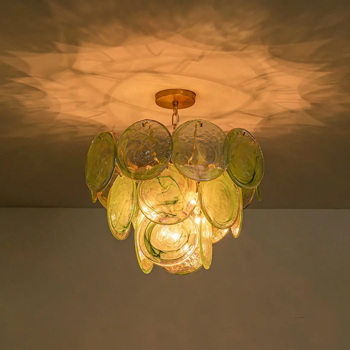Art Deco Green Iridescent Swirl Glass Tiered Chandelier