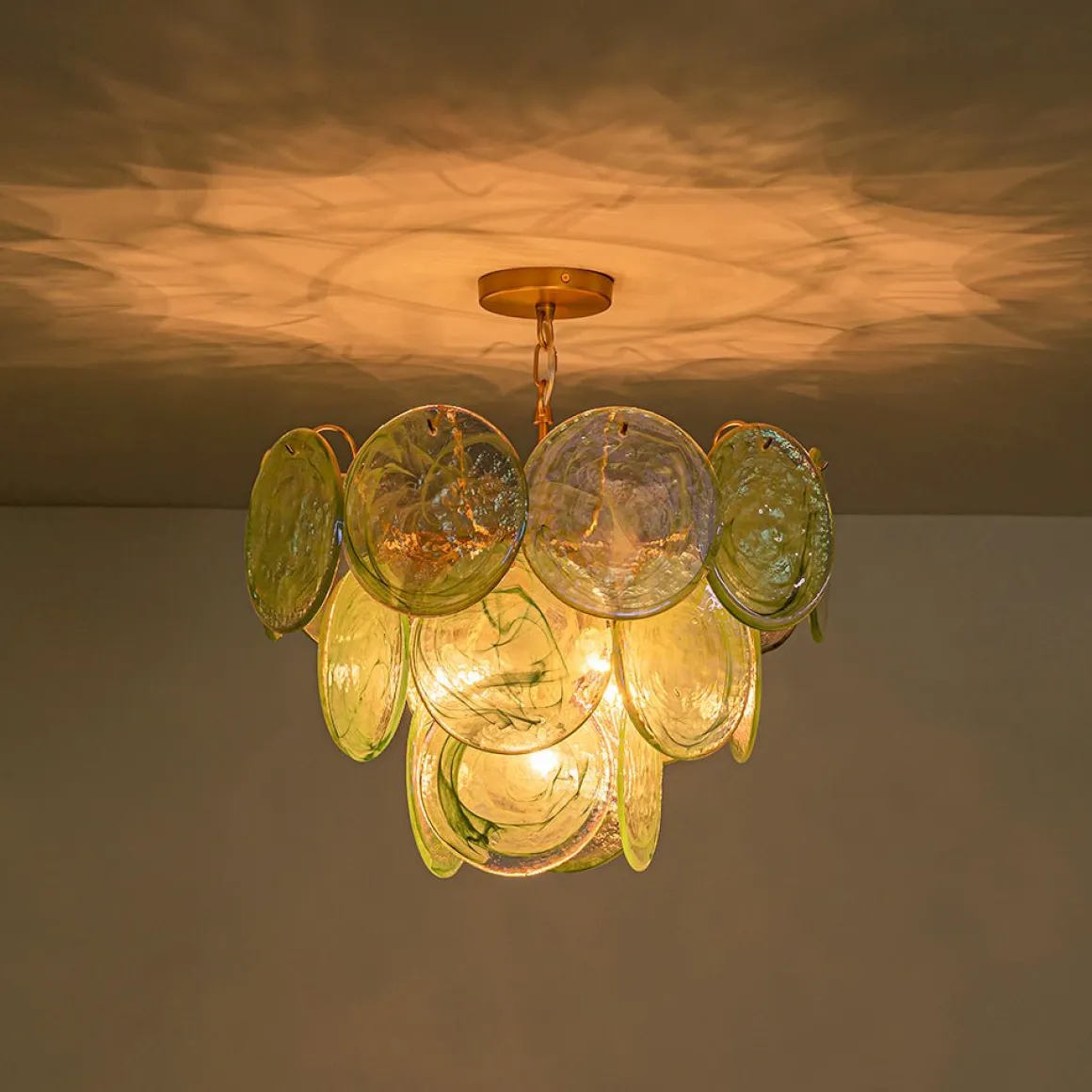 Art Deco Green Iridescent Swirl Glass Tiered Chandelier
