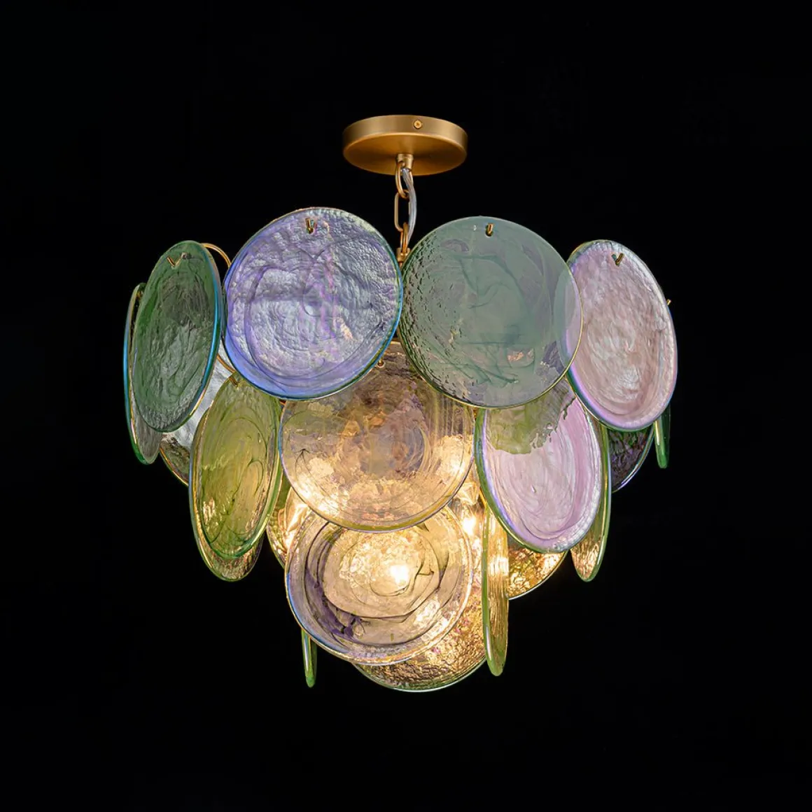 Art Deco Green Iridescent Swirl Glass Tiered Chandelier