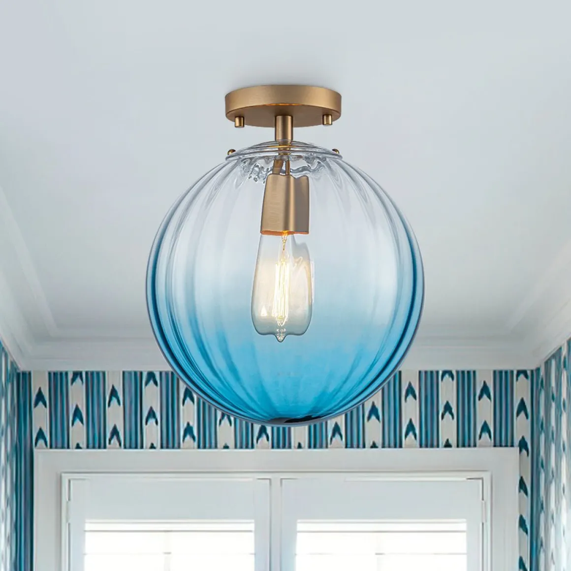 Art Deco 1-Light Blue Ribbed Glass Globe Semi Flush Mount
