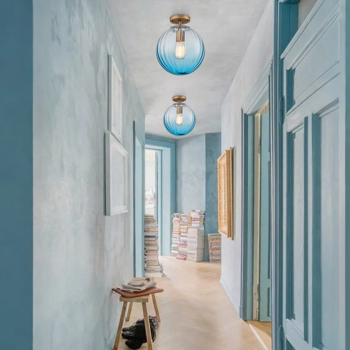 Art Deco 1-Light Blue Ribbed Glass Globe Semi Flush Mount