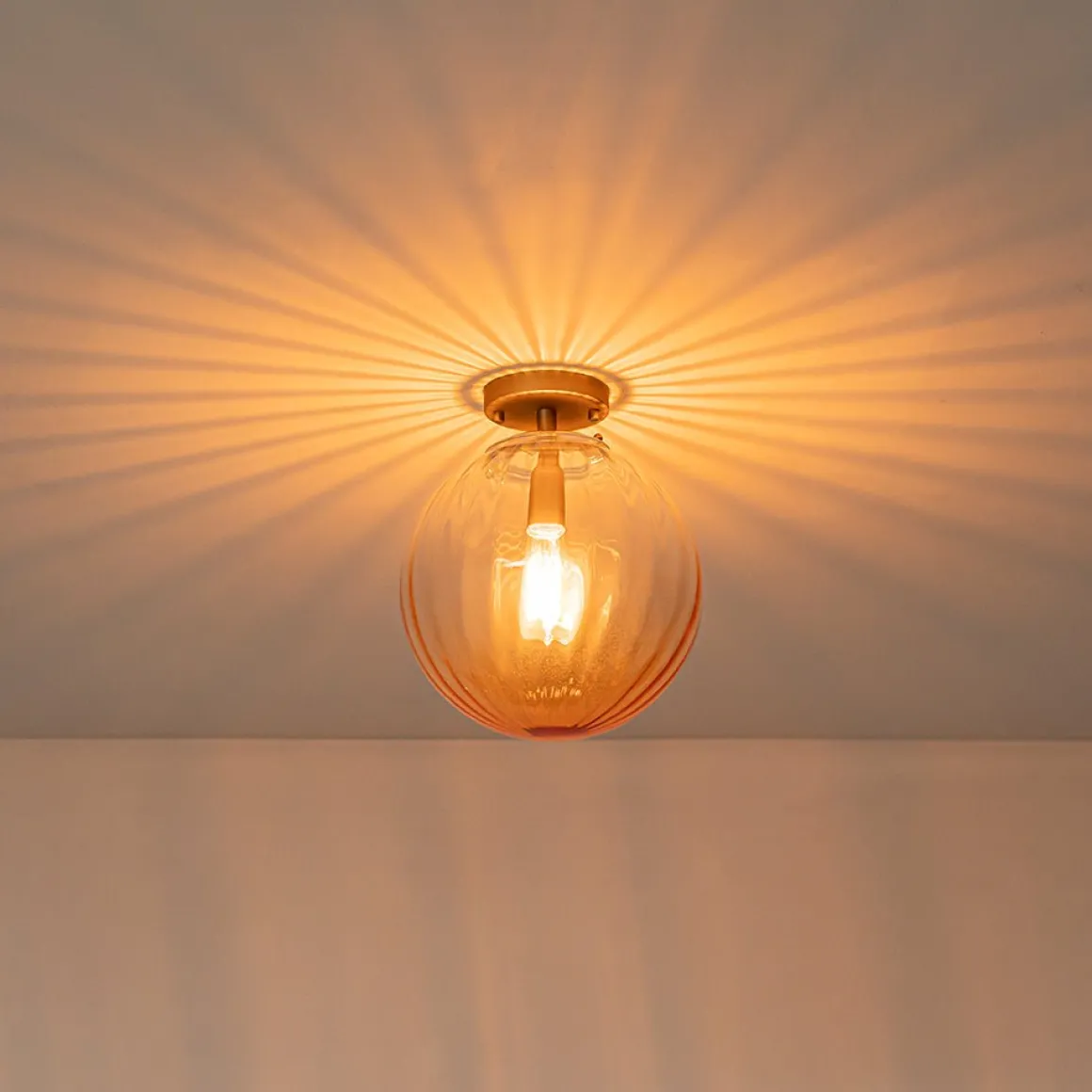 Art Deco 1-Light Blue Ribbed Glass Globe Semi Flush Mount