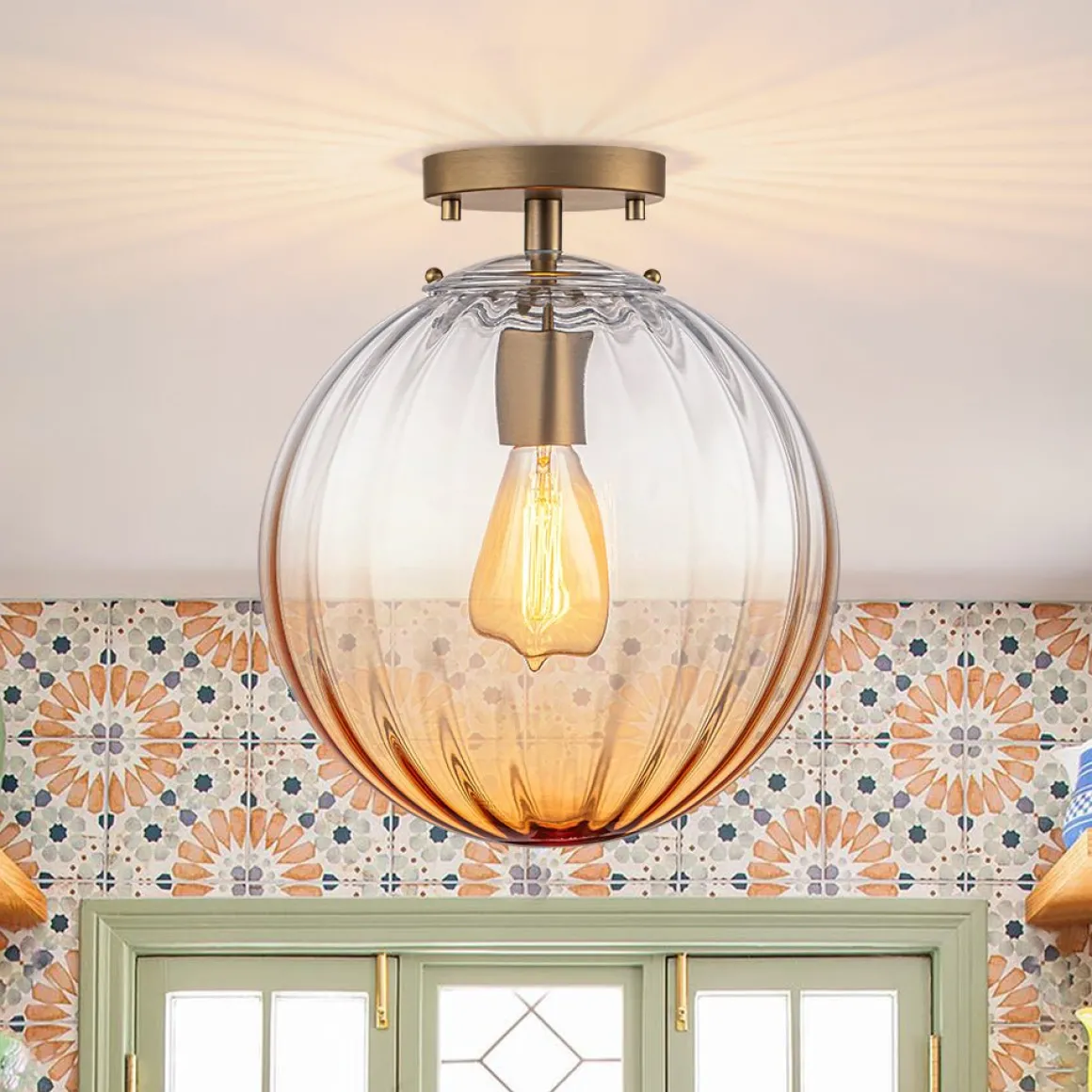 Art Deco 1-Light Blue Ribbed Glass Globe Semi Flush Mount