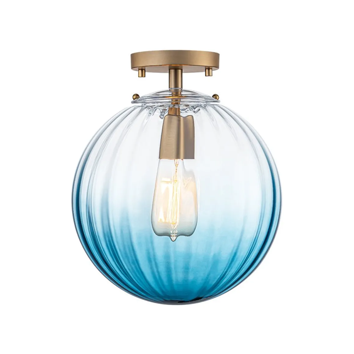 Art Deco 1-Light Blue Ribbed Glass Globe Semi Flush Mount