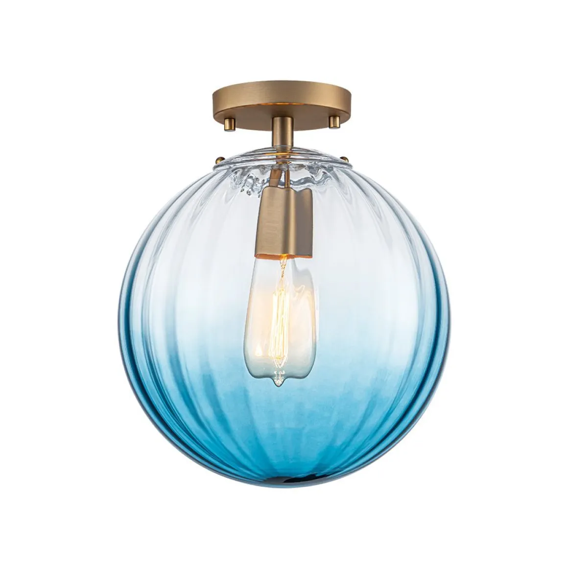 Art Deco 1-Light Blue Ribbed Glass Globe Semi Flush Mount