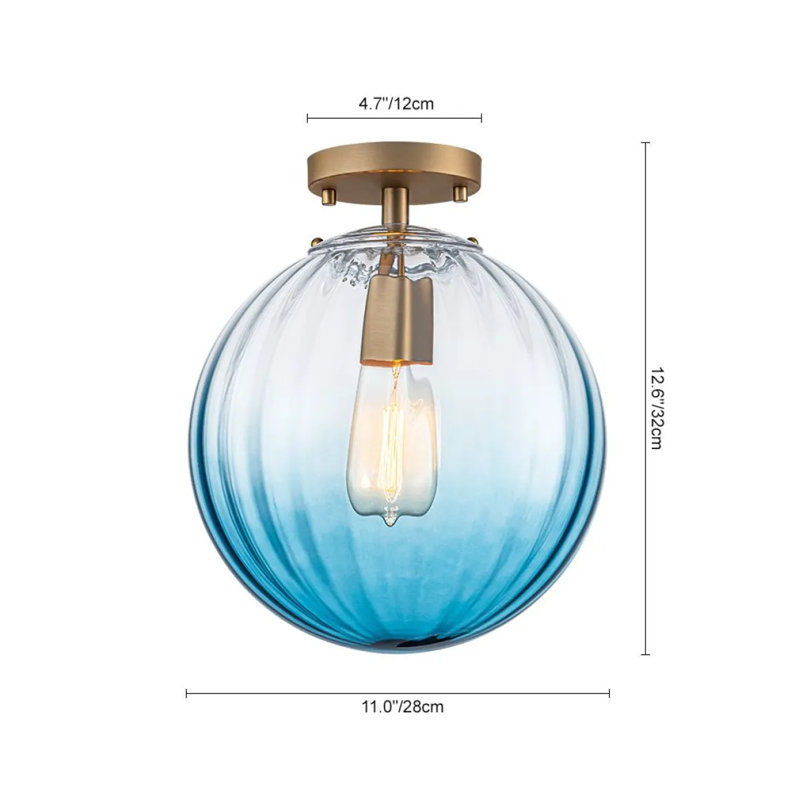 Art Deco 1-Light Blue Ribbed Glass Globe Semi Flush Mount