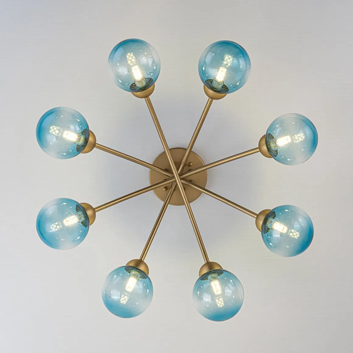 Art Deco 8-Light Sputnik Blue Glass Bubble Semi Flush Mount