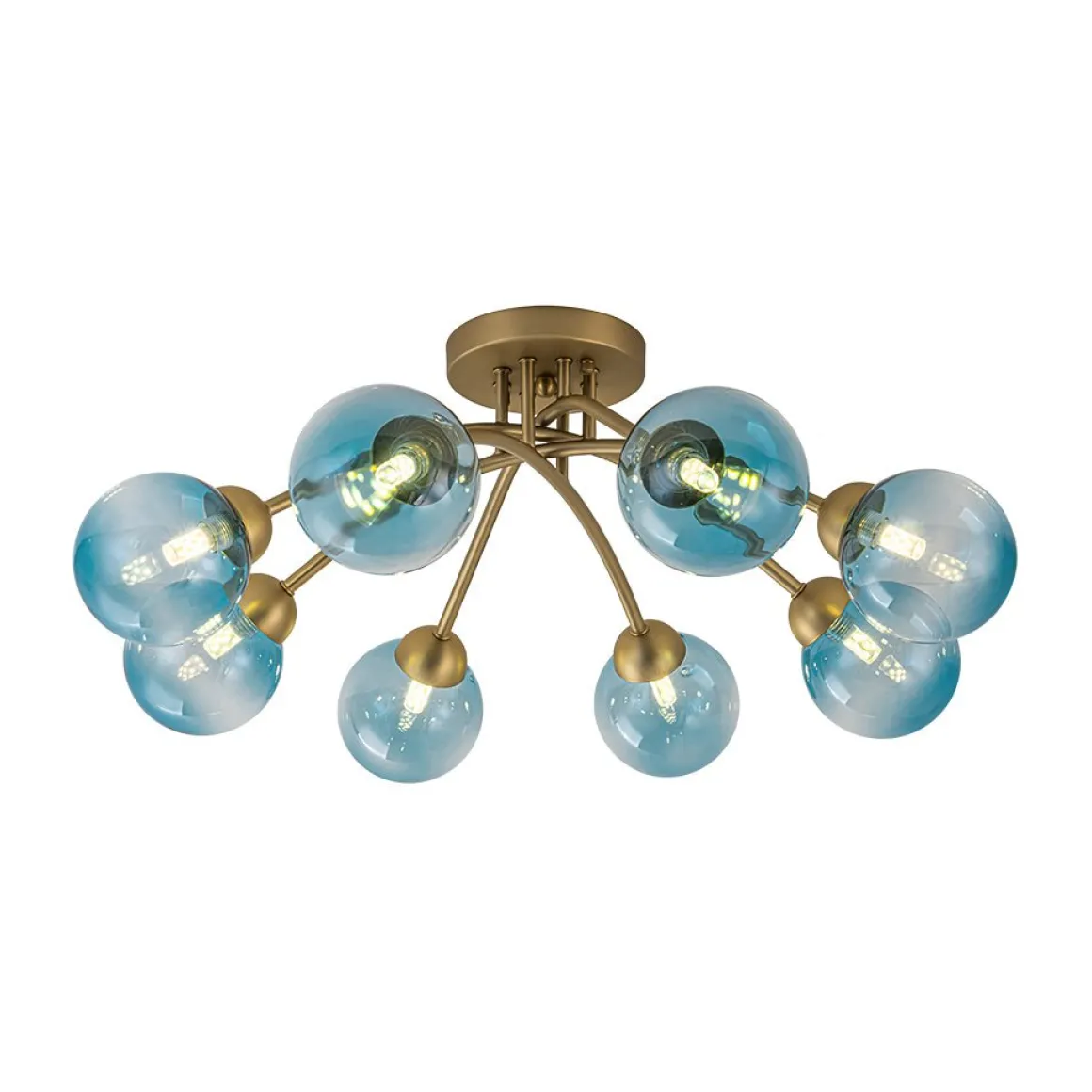 Art Deco 8-Light Sputnik Blue Glass Bubble Semi Flush Mount