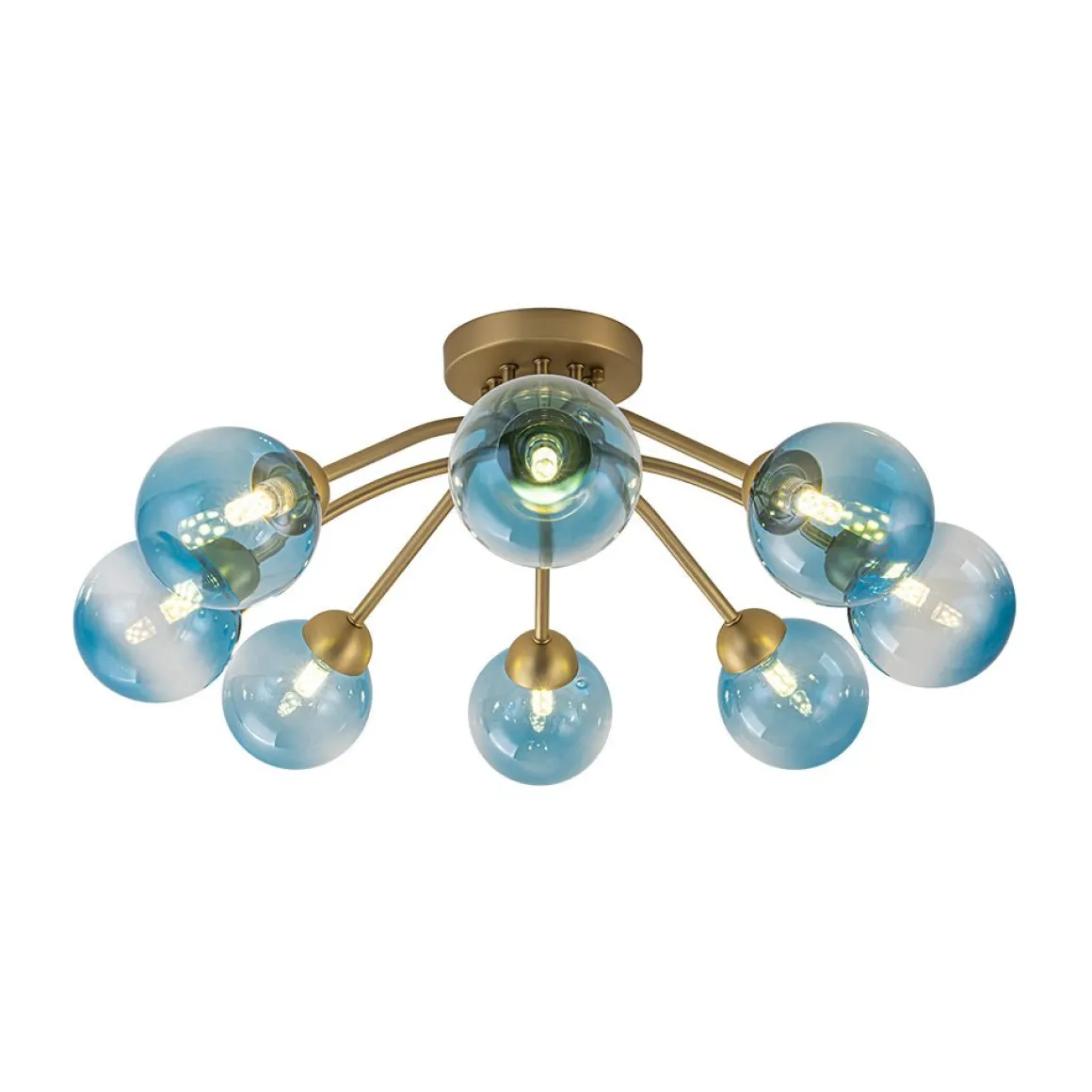 Art Deco 8-Light Sputnik Blue Glass Bubble Semi Flush Mount