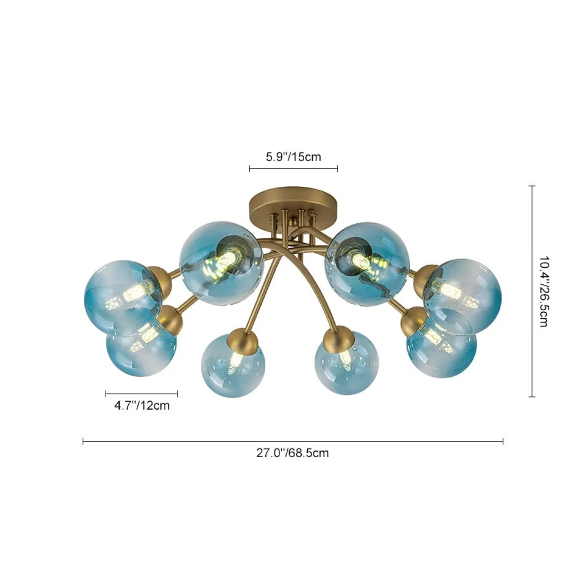 Art Deco 8-Light Sputnik Blue Glass Bubble Semi Flush Mount