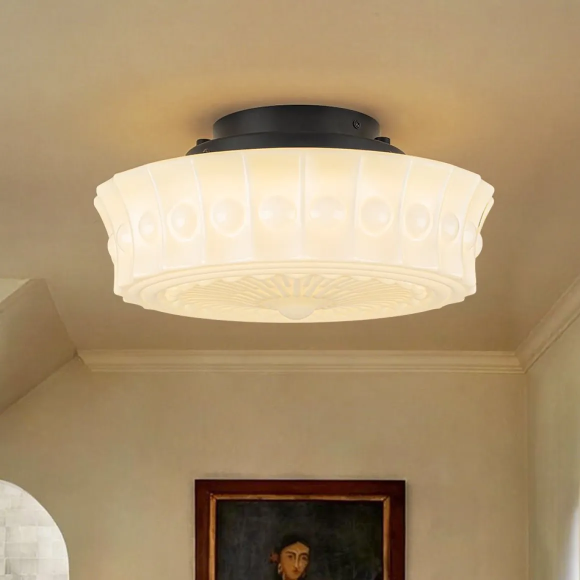 Art Deco Sculptural Milk Glass Schoolhouse LED Ceiling Light