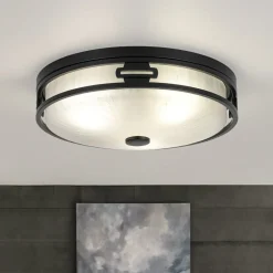 Black Round Frosted Crackled Glass Flush Mount Light