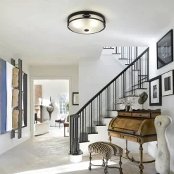 Black Round Frosted Crackled Glass Flush Mount Light