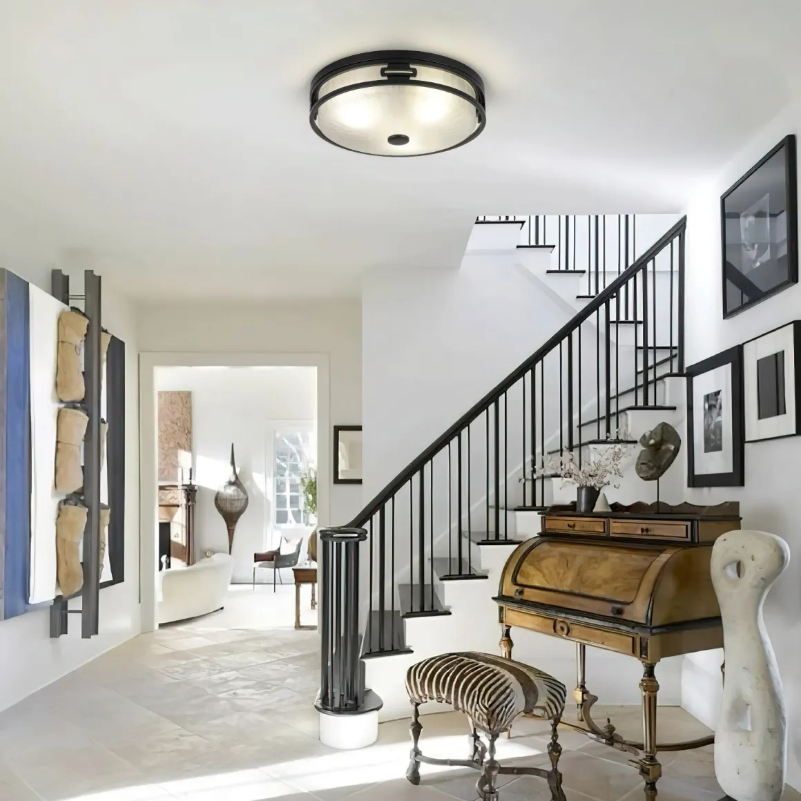 Black Round Frosted Crackled Glass Flush Mount Light