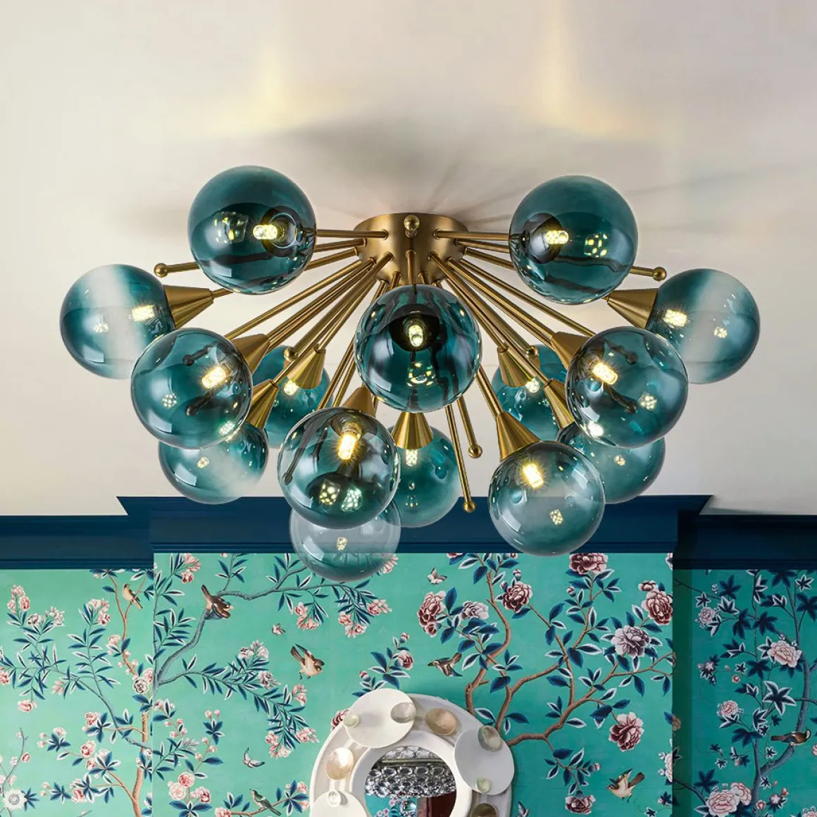 Bloom Blue Glass Bubble Round Sunburst Semi Flush Chandelier