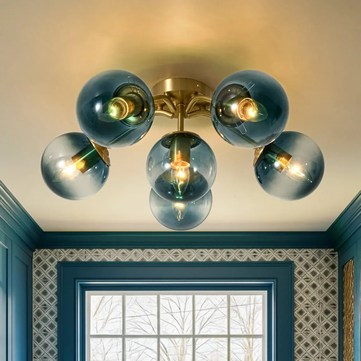 Bloom Brass Blue Glass Bubble Semi Flush Chandelier