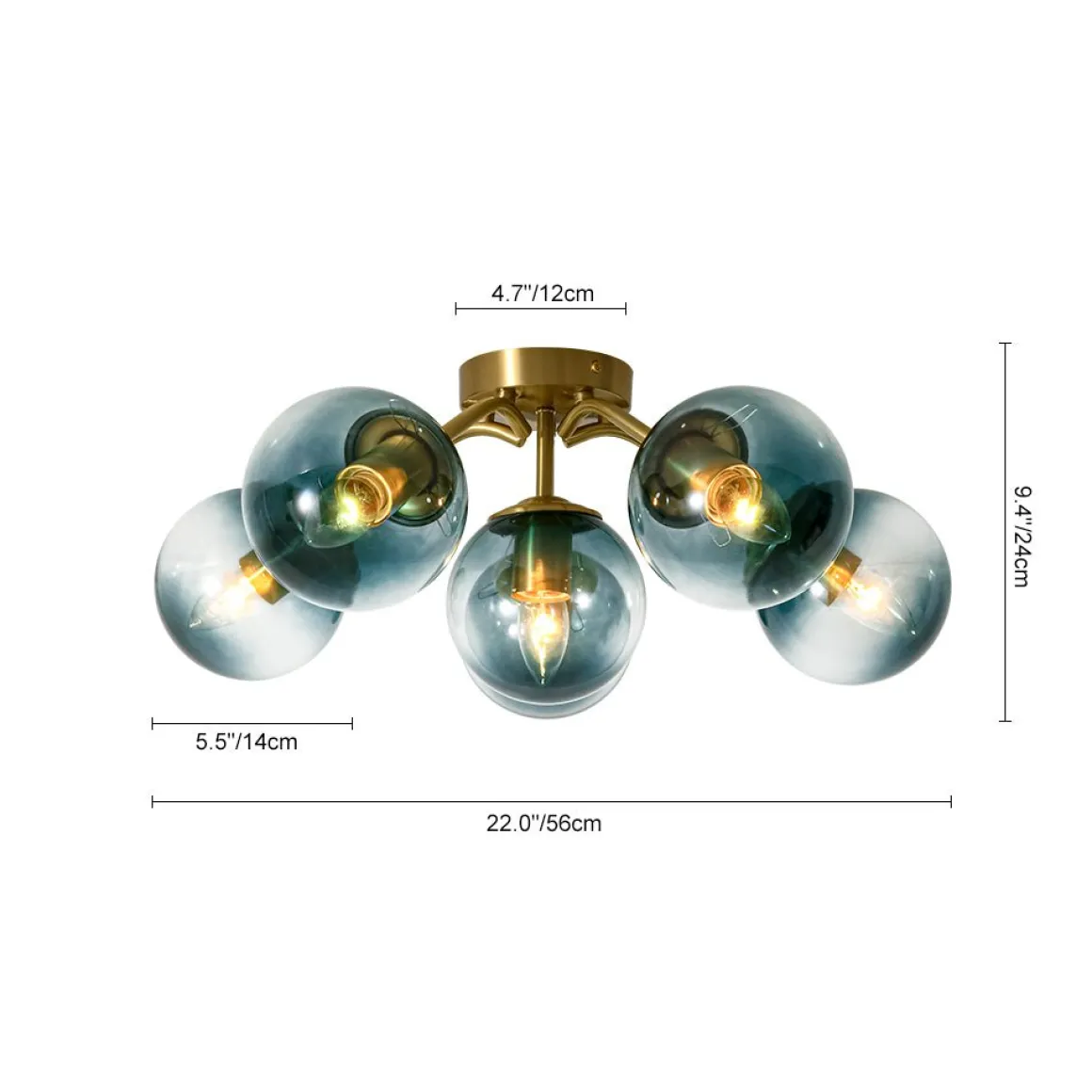 Bloom Brass Blue Glass Bubble Semi Flush Chandelier