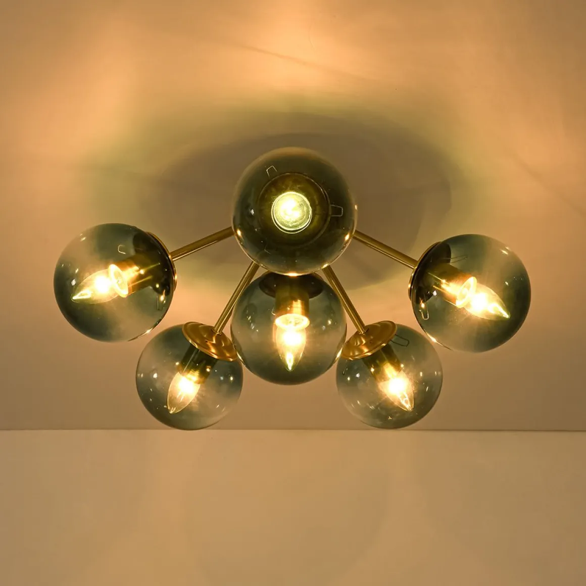 Bloom Brass Blue Glass Bubble Semi Flush Chandelier