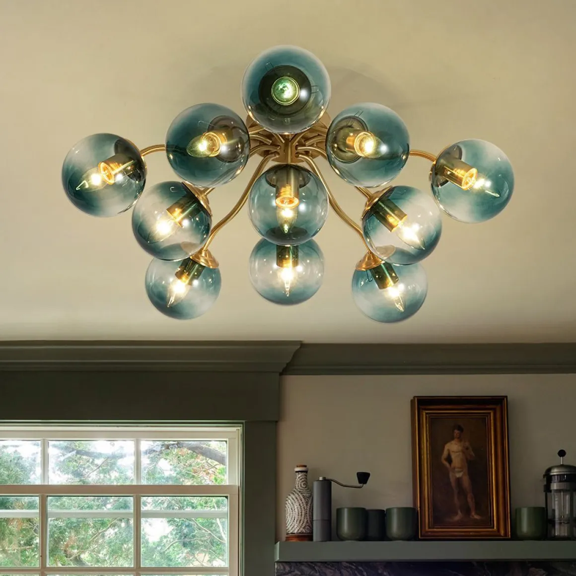 Bloom Brass Blue Glass Bubble Semi Flush Chandelier
