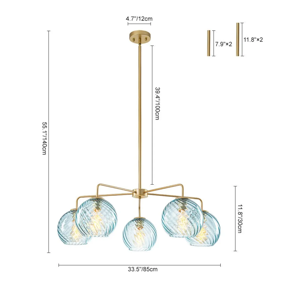 Blue Ribbed Glass Globe 5-light Round Sputnik Chandelier