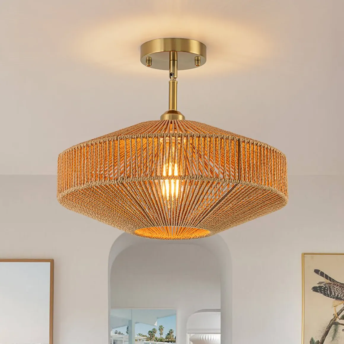 Bohemian Brown Woven Hemp Rope Cage Ceiling Light