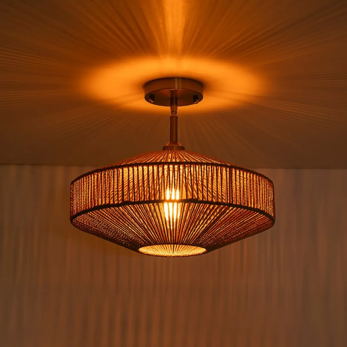 Bohemian Brown Woven Hemp Rope Cage Ceiling Light