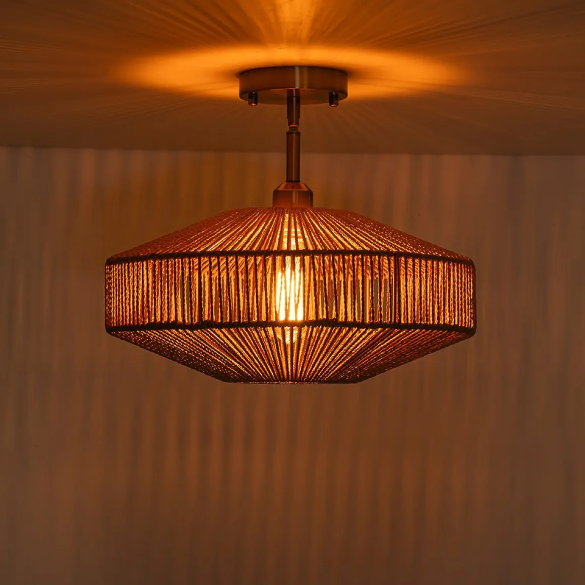 Bohemian Brown Woven Hemp Rope Cage Ceiling Light