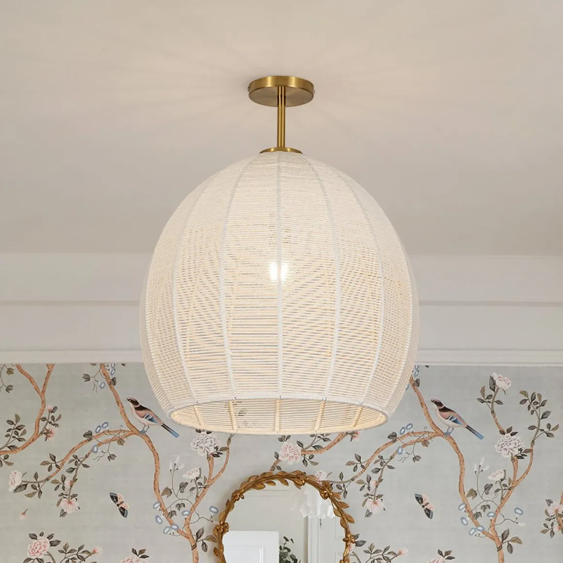 Boho Ivory Woven Thread Dome Cage Semi Flush Mount