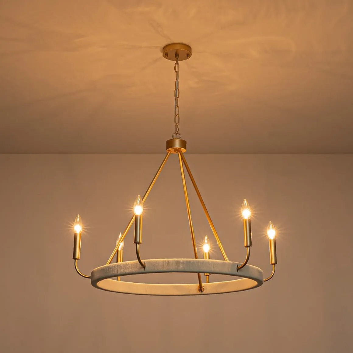 Boho 6-Light Woven String Candle Wagon Wheel Chandelier