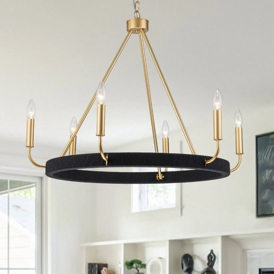 Boho 6-Light Woven String Candle Wagon Wheel Chandelier