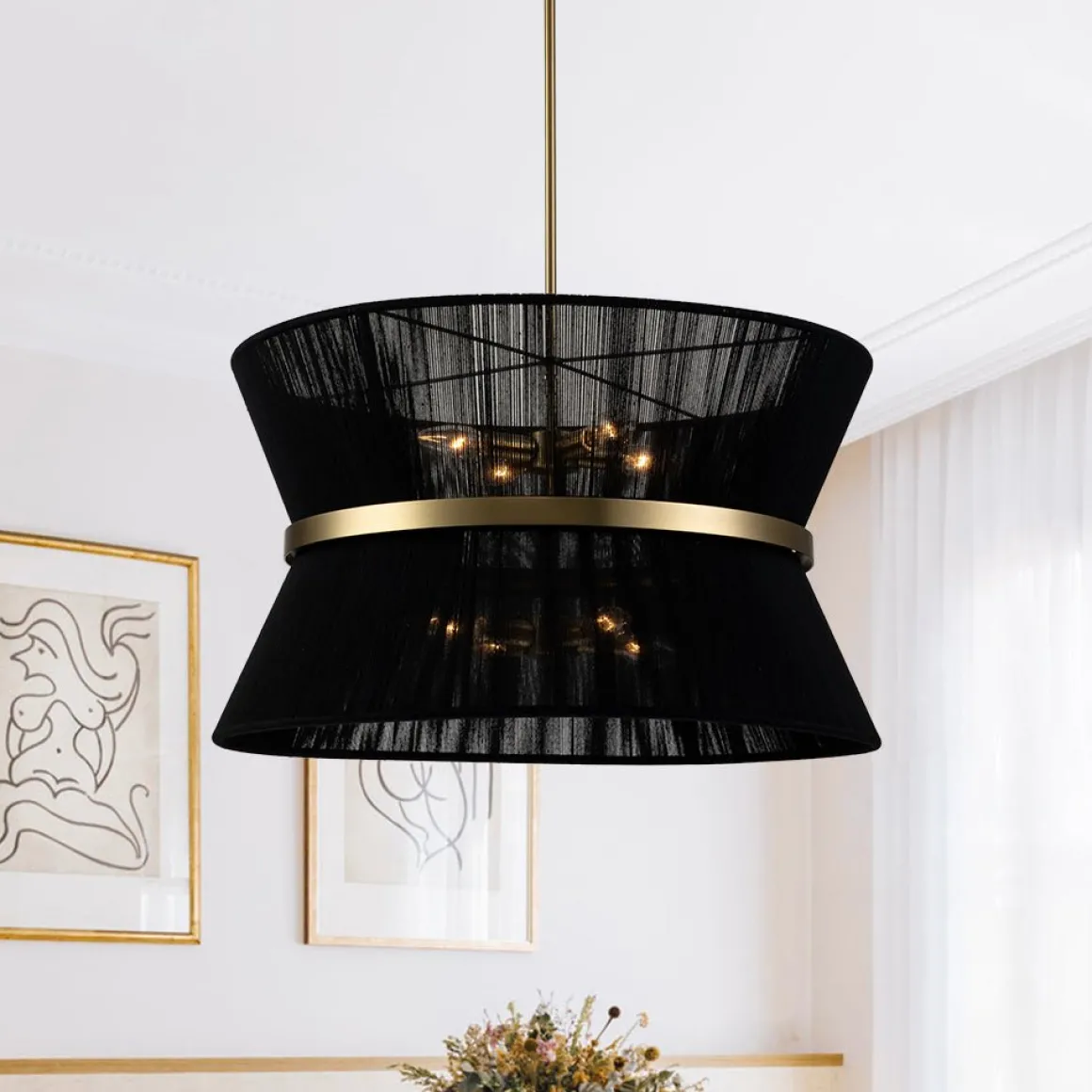 Boho 2-Tier Woven Thread Tapered Drum Pendant Light