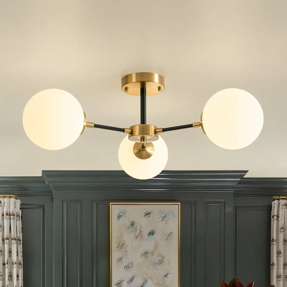 Brass Black 3-Light Frosted Glass Globe Semi Flush Mount