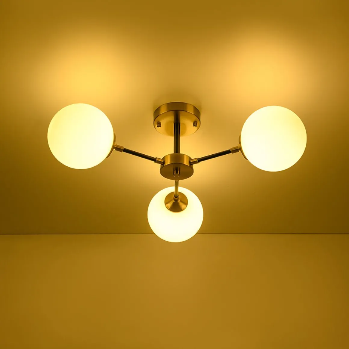 Brass Black 3-Light Frosted Glass Globe Semi Flush Mount