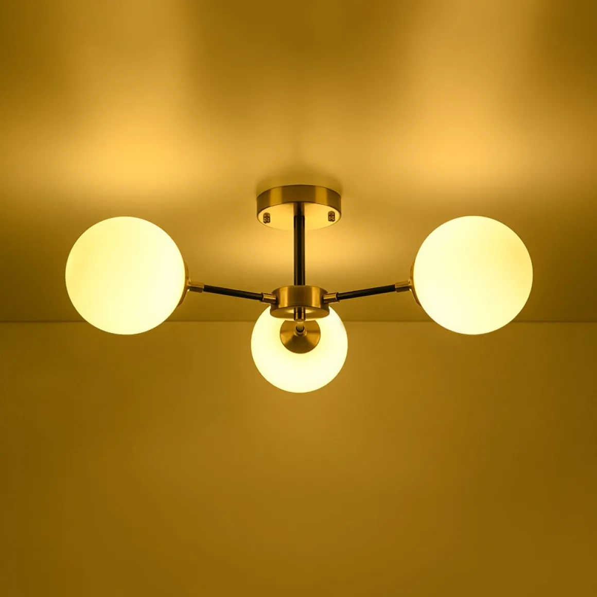 Brass Black 3-Light Frosted Glass Globe Semi Flush Mount