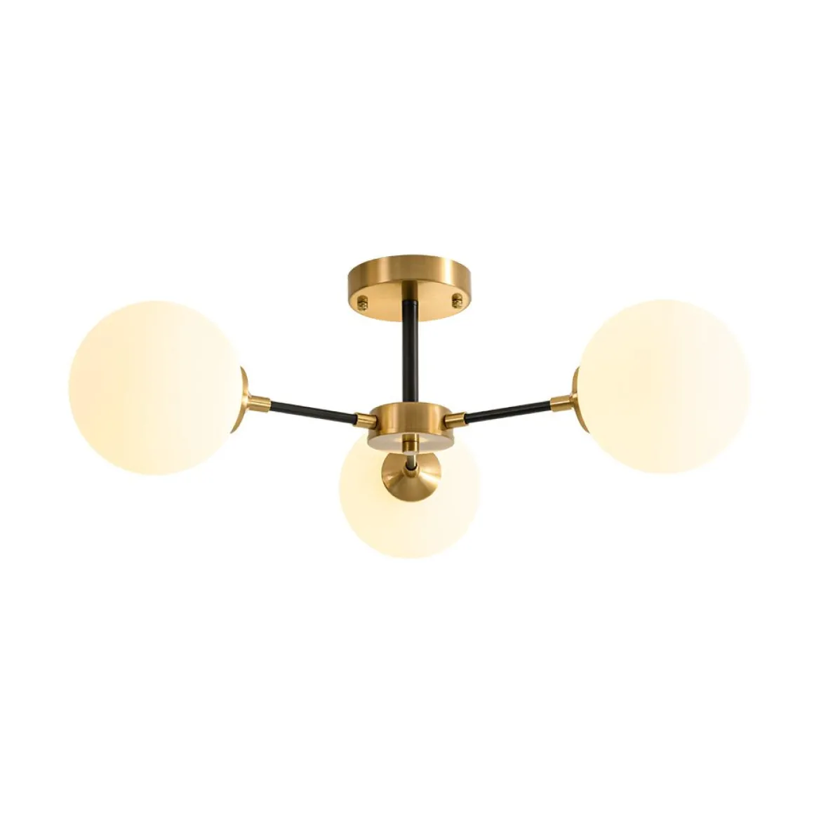Brass Black 3-Light Frosted Glass Globe Semi Flush Mount