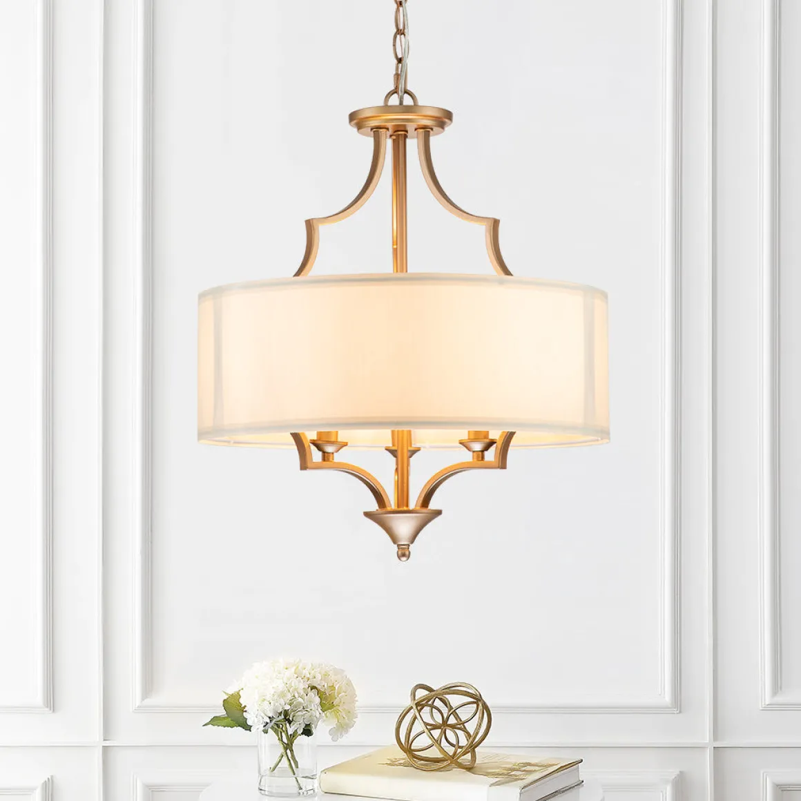Brass Candle Style Drum Fabric Chandelier