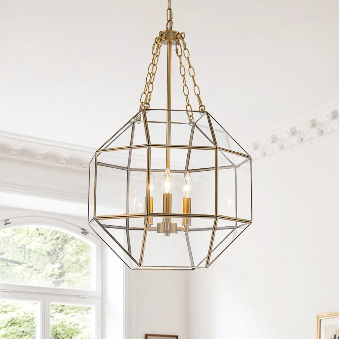 Brass Clear Glass Geometric Cube Lantern Pendant Light