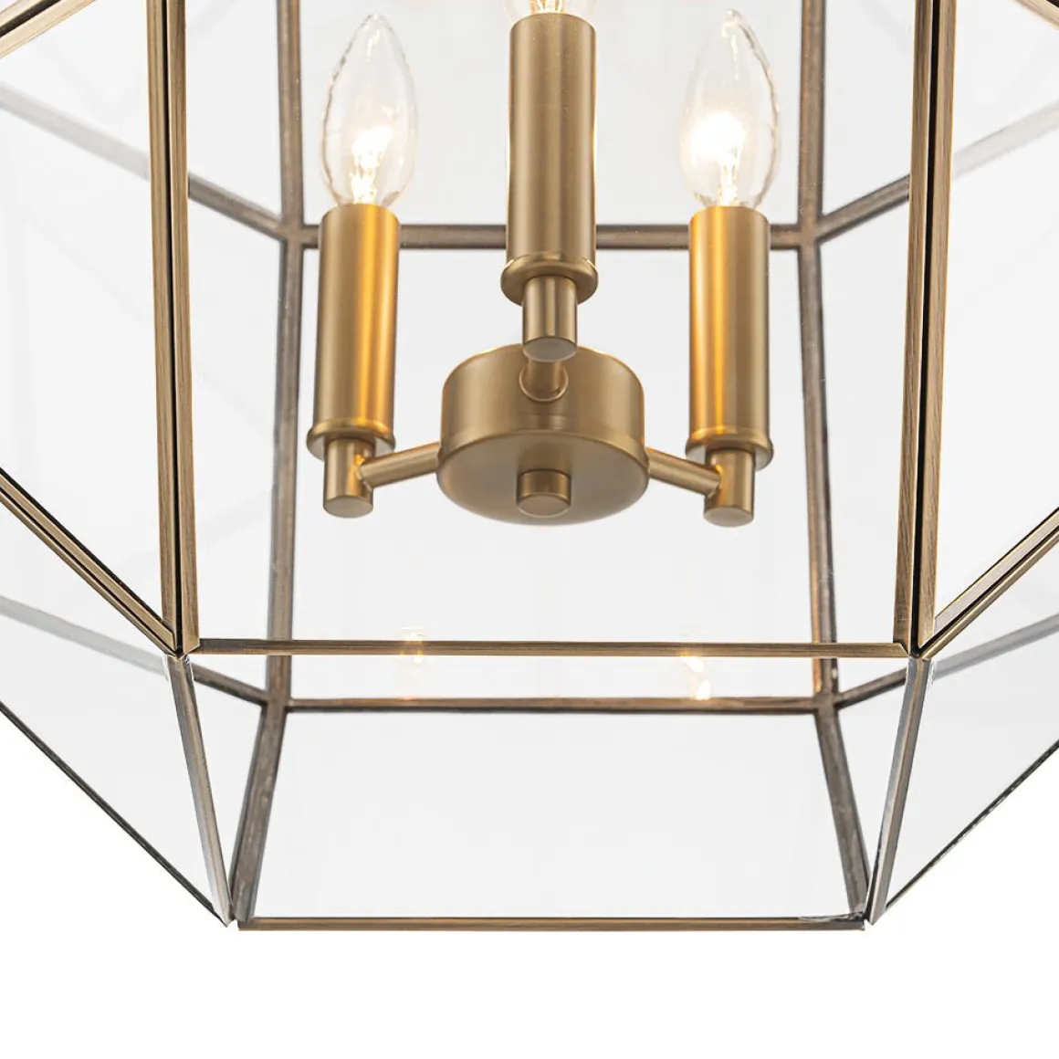 Brass Clear Glass Geometric Cube Lantern Pendant Light