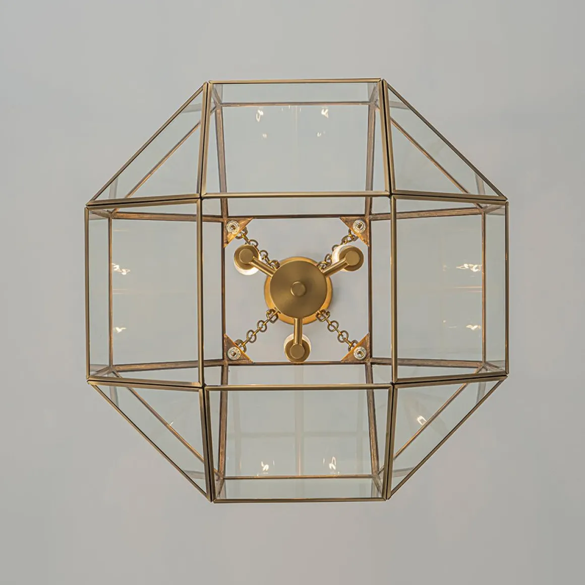 Brass Clear Glass Geometric Cube Lantern Pendant Light